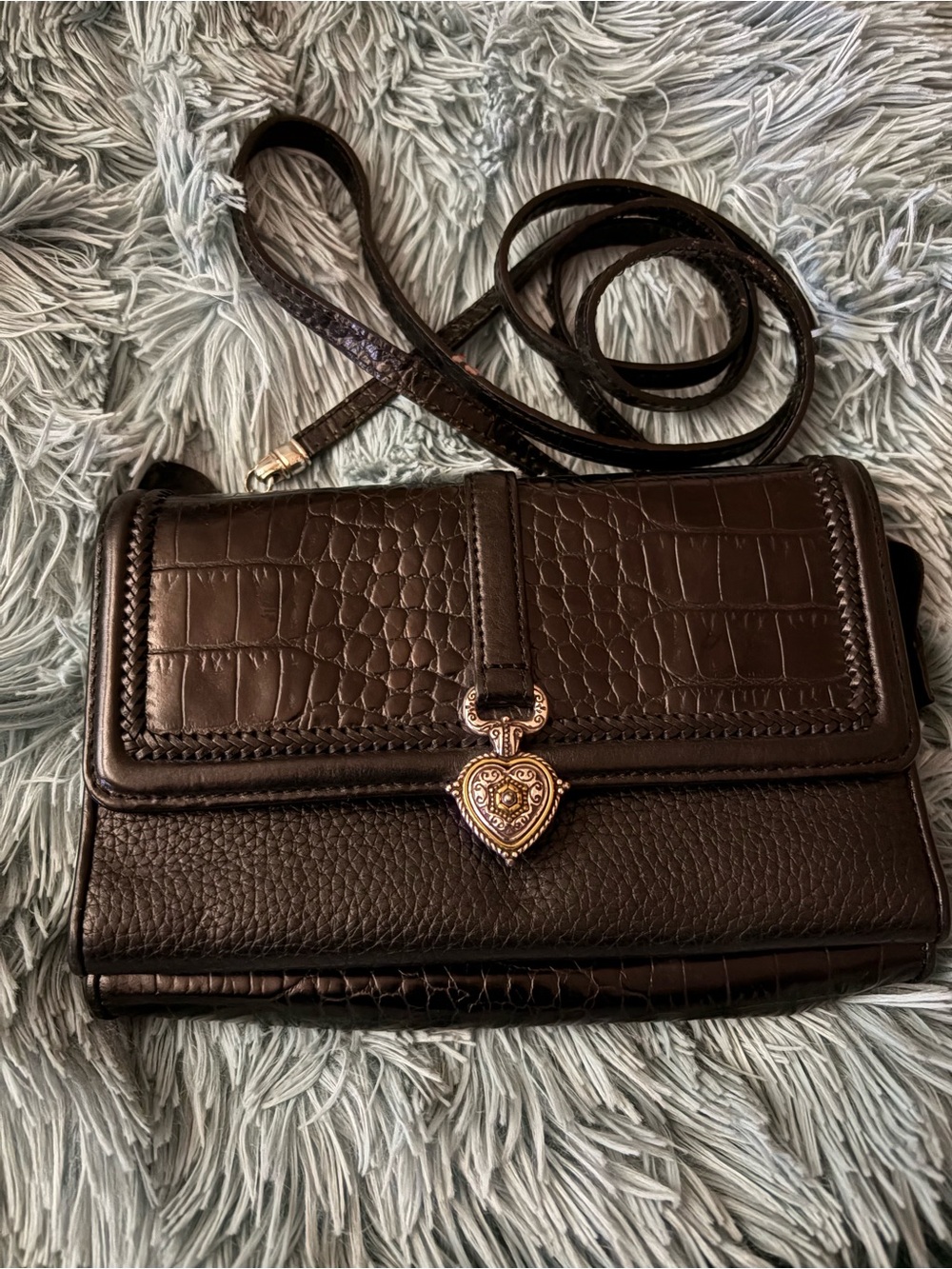 Brighton Leather Crossbody Wallet Purse Brown Croc Embossed Removable Strap